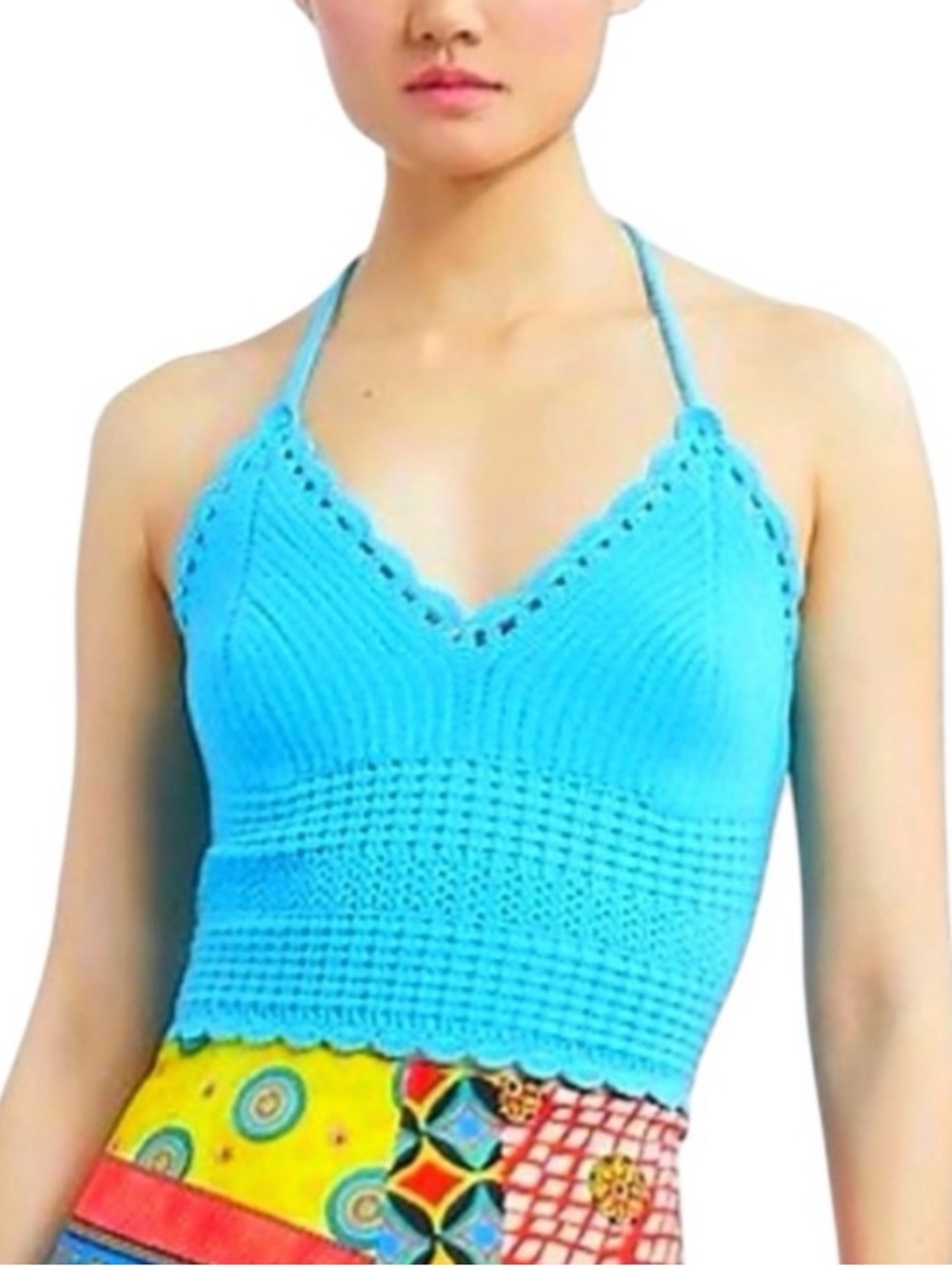 Alice + Olivia Bright Turquoise Crochet Halter Top